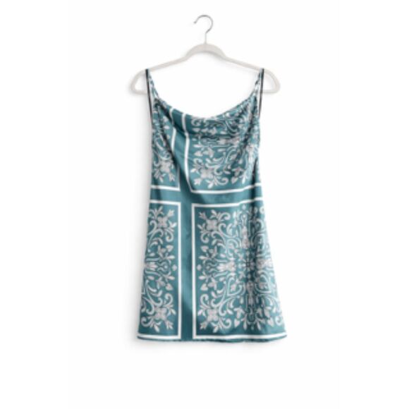 Forever 21 Dresses & Skirts - Forever 21 Satin Teal Slip Cowl Neck Mini Scarf Print Dress Size M